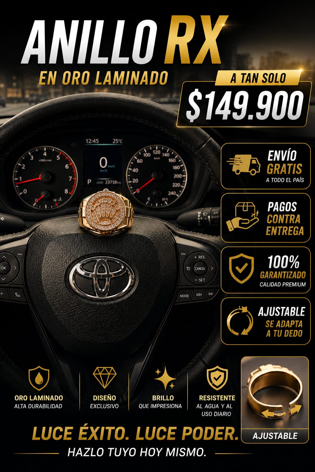Anillo Corona Rolex Ajustable en Oro Laminado 18K - Luce éxito, luce poder
