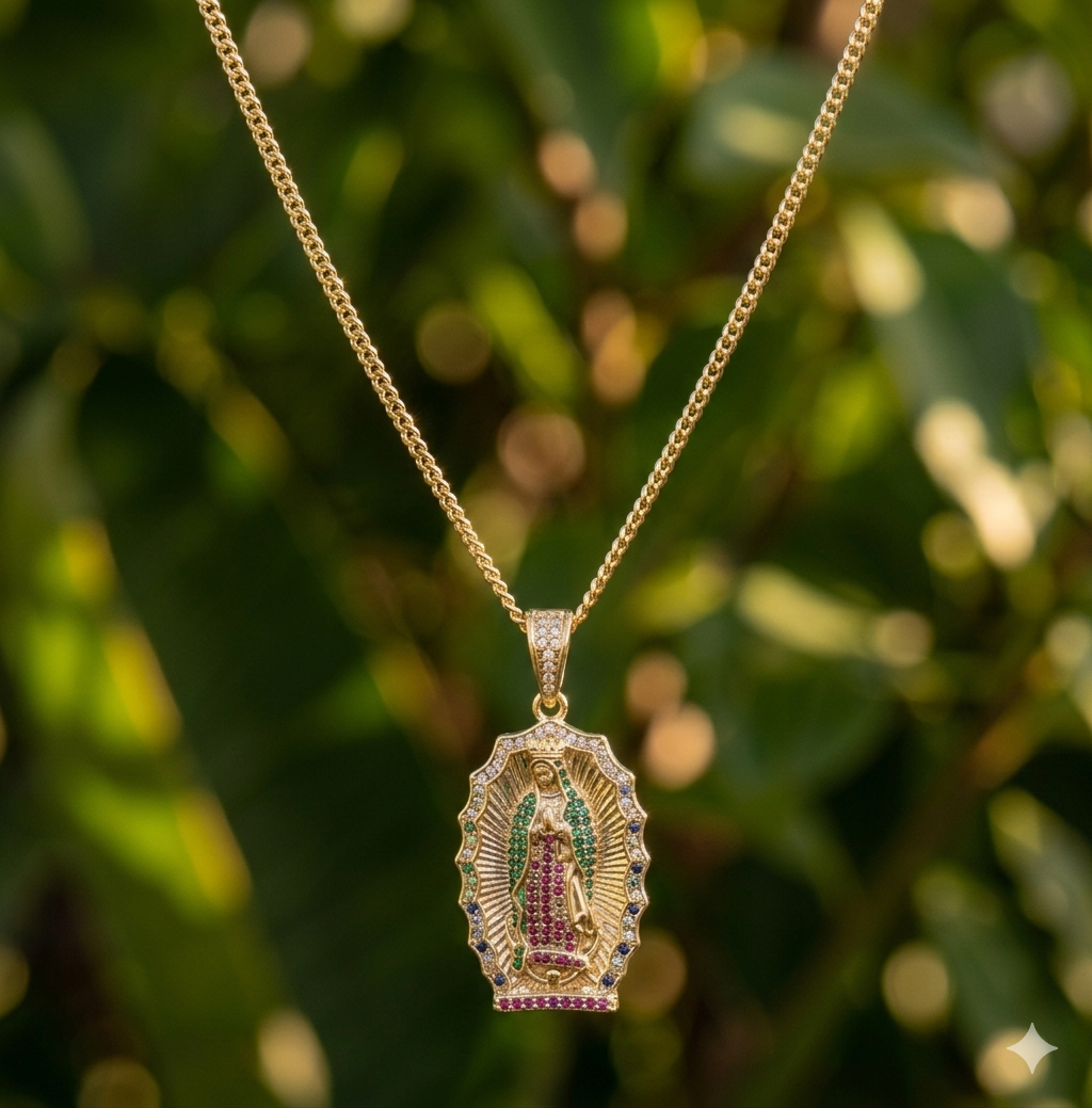 Cadena Cubana (60cms 4mm)+ Medalla Virgen de Guadalupe en Oro Laminado 18K