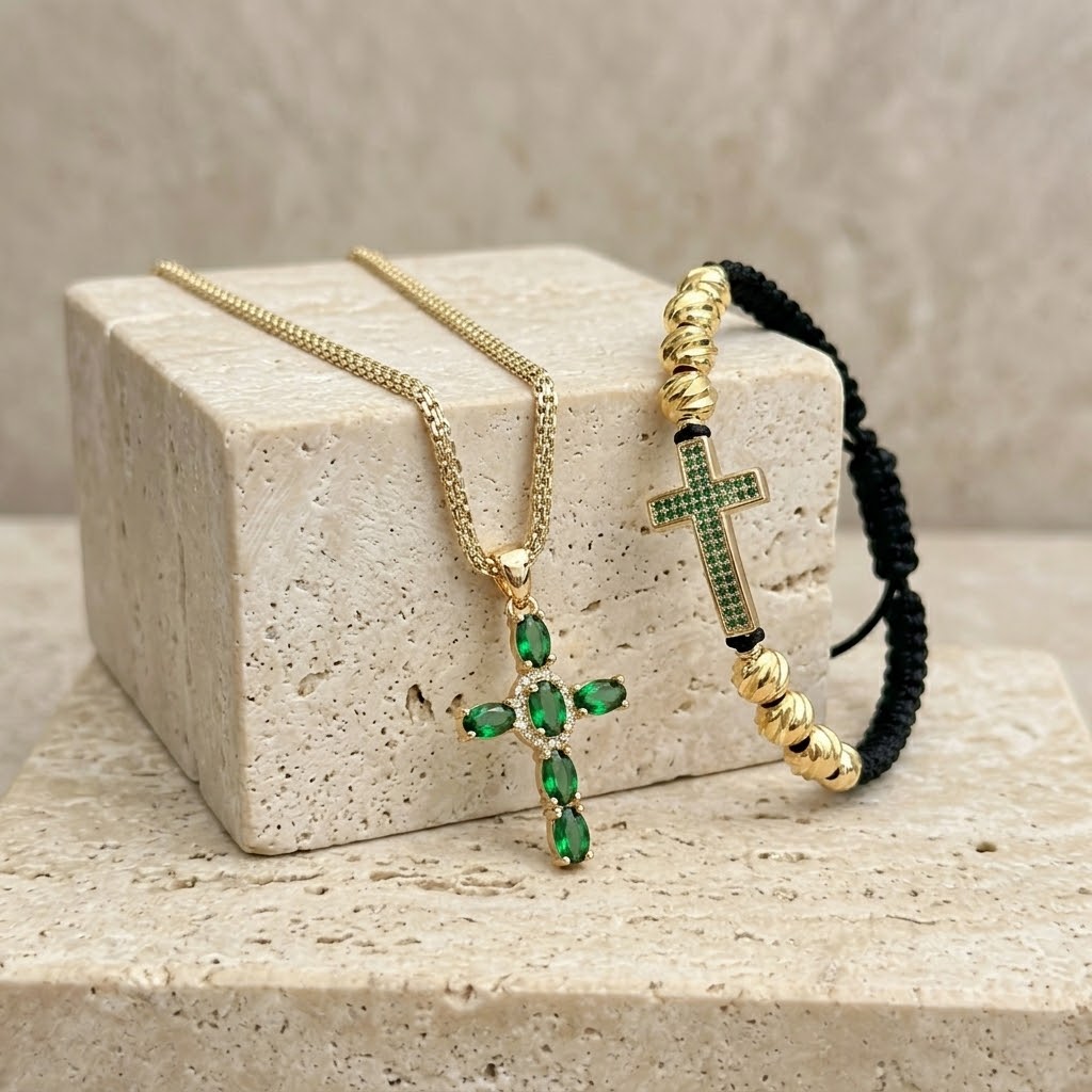 Cadena Chinesca (60cm 4mm) + Cruz Piedra Verde + Pulsera GRATIS en Oro Laminado 18K