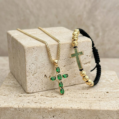 Cadena Chinesca (60cm 4mm) + Cruz Piedra Verde + Pulsera GRATIS en Oro Laminado 18K
