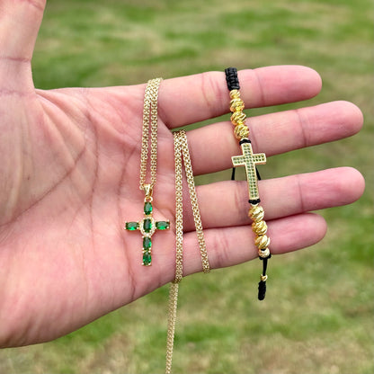Cadena Chinesca (60cm 4mm) + Cruz Piedra Verde + Pulsera GRATIS en Oro Laminado 18K