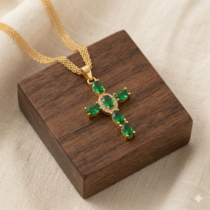 Cadena Chinesca (60cm 4mm) + Cruz Piedra Verde en Oro Laminado 18K