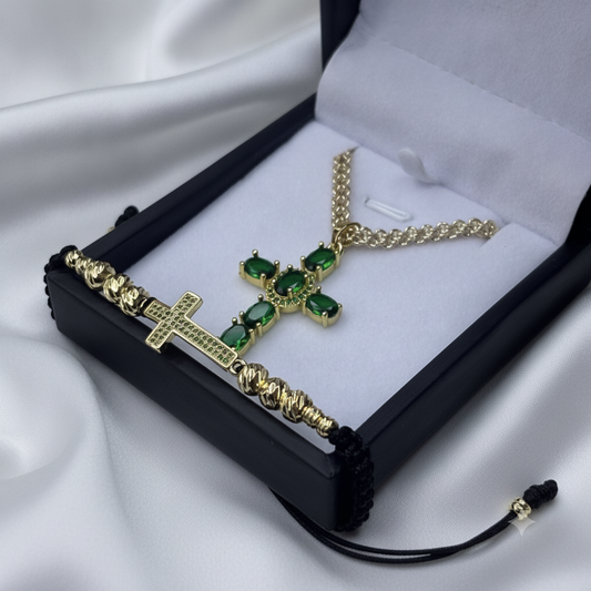 Cadena Chinesca (60cm 4mm) + Cruz Piedra Verde + Pulsera GRATIS