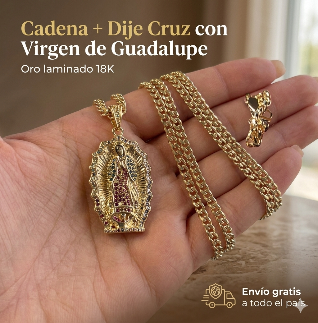 Cadena Cubana (60cms 4mm)+ Medalla Virgen de Guadalupe en Oro Laminado 18K