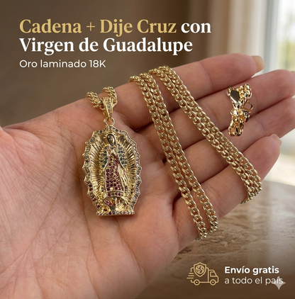 Cadena Cubana (60cms 4mm)+ Medalla Virgen de Guadalupe en Oro Laminado 18K