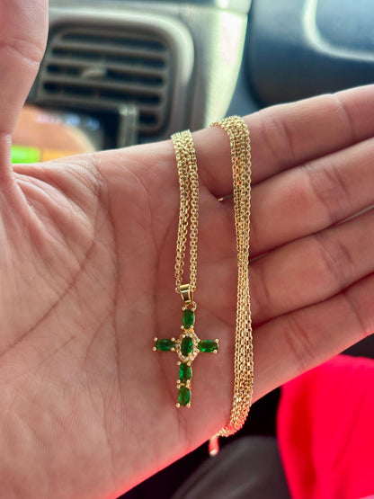 Cadena Chinesca (60cm 4mm) + Cruz Piedra Verde en Oro Laminado 18K