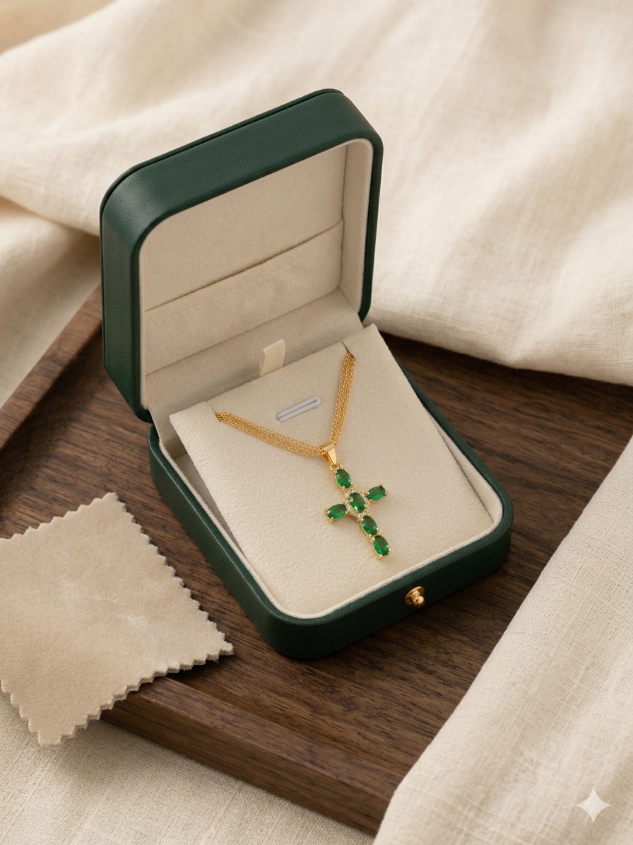 Cadena Chinesca (60cm 4mm) + Cruz Piedra Verde en Oro Laminado 18K